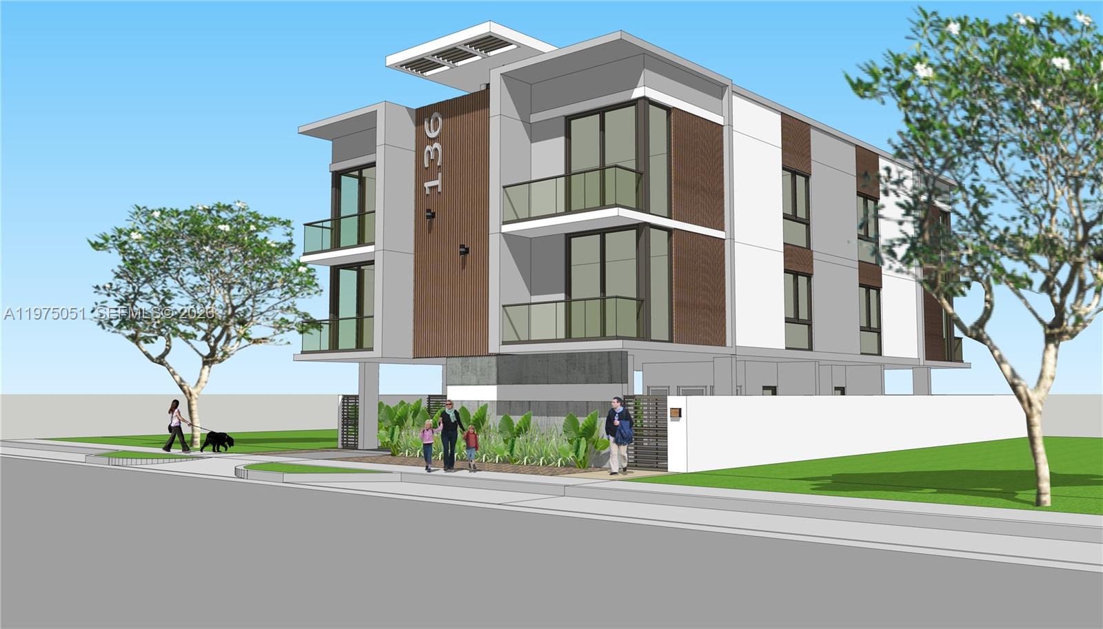 This is a digital rendering of a modern three-story apartment building with balconies and landscaping — 136 sw 11th Ave, Miami FL 33130, MIAMI, FL