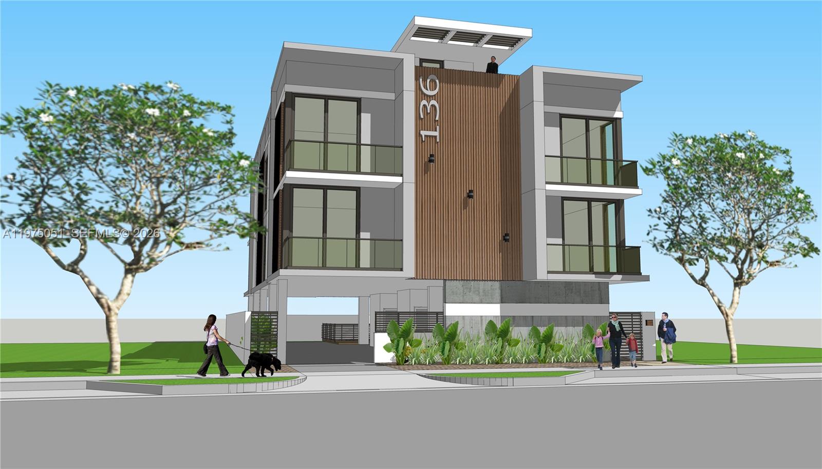This is a digital architectural rendering of a modern three-story building with balconies and wood-slat siding — 136 sw 11th Ave, Miami FL 33130, MIAMI, FL