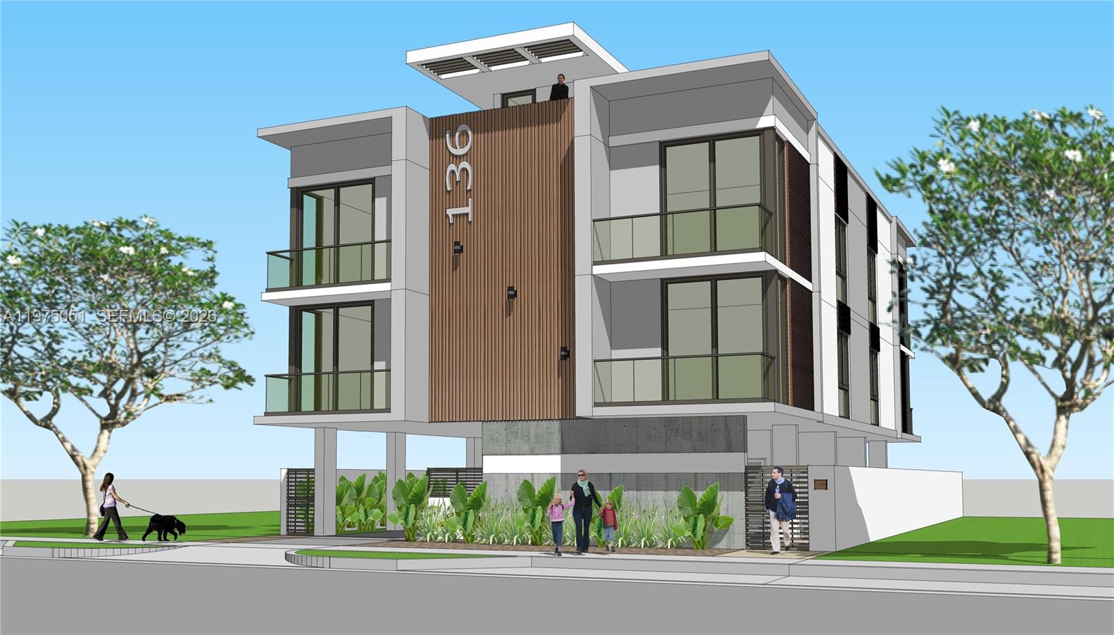 This is a digital architectural rendering of a modern three-story building with balconies — 136 sw 11th Ave, Miami FL 33130, MIAMI, FL