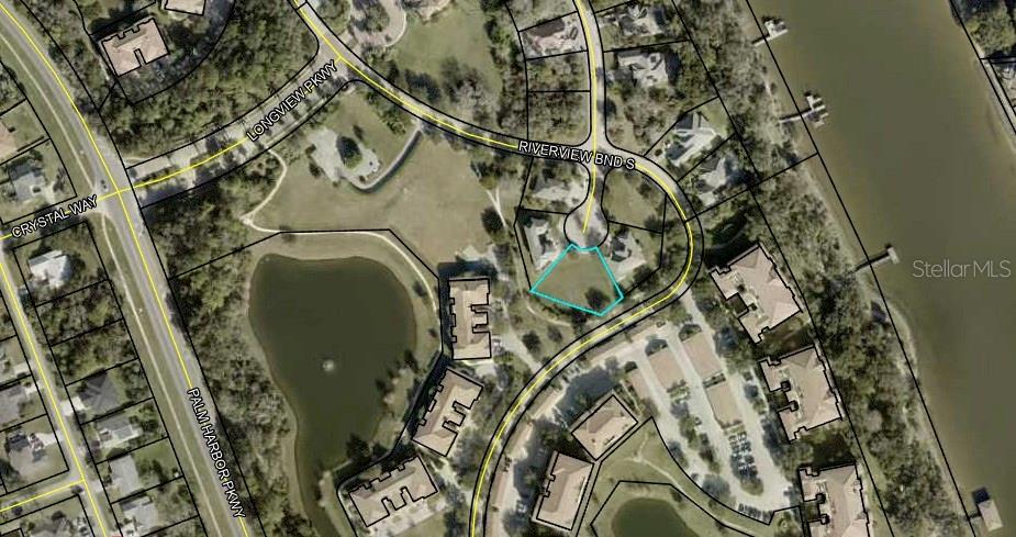 This is an aerial map showing a residential lot outlined in blue — 6 OAKVIEW COURT, PALM COAST, FL