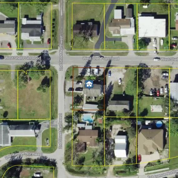 This is an aerial map view showing residential properties and streets — 110 W SHELL POINT ROAD, RUSKIN, FL