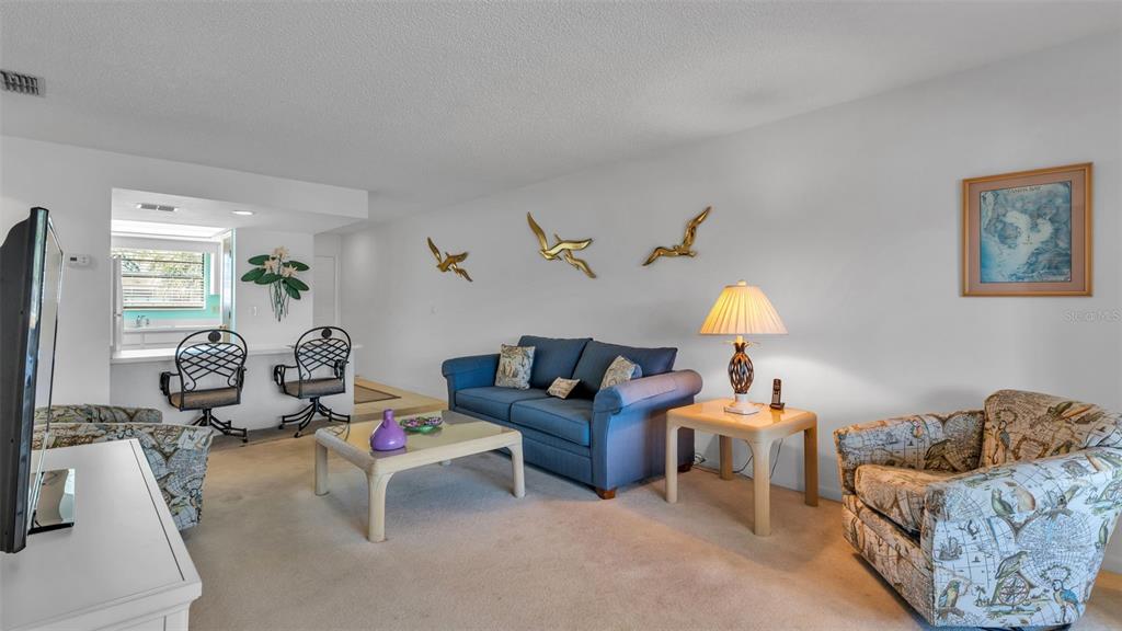 A living room features a blue sofa, patterned armchairs, a coffee table, and wall art — 6051 TOPHER TRAIL UNIT 6051, MULBERRY, FL