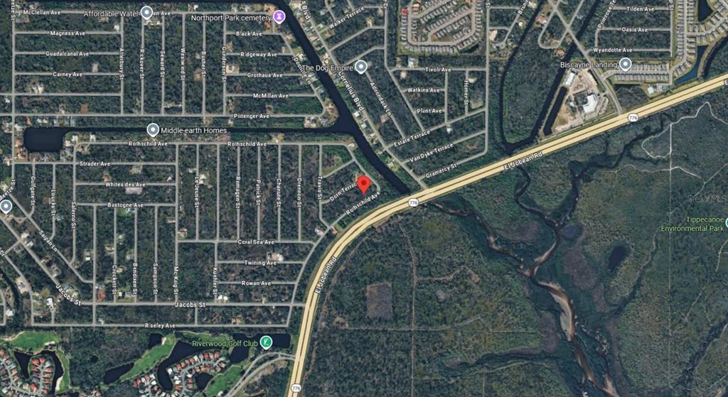 This is a satellite map showing residential streets, a cemetery, and a golf course — 14713 ROTHSCHILD AVENUE, PORT CHARLOTTE, FL