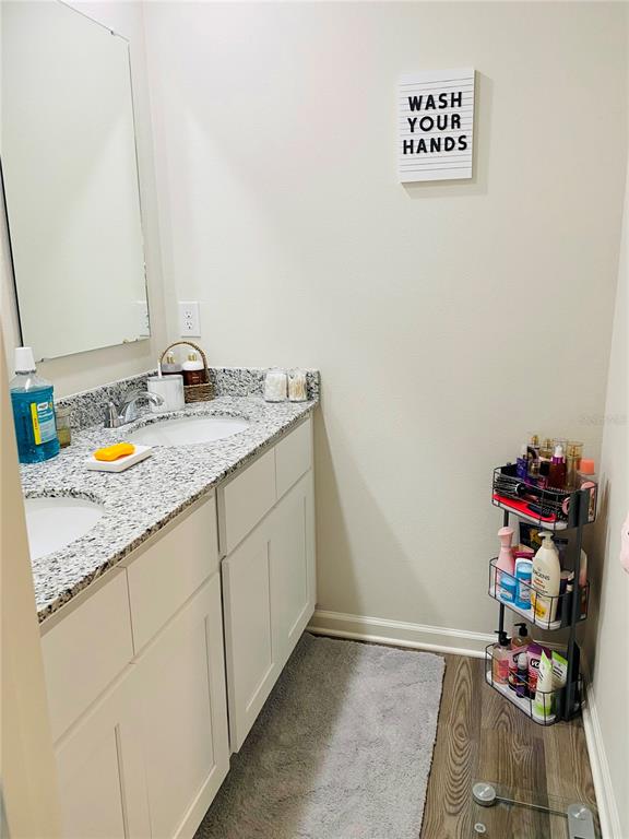 A bathroom features a granite vanity with a white cabinet, a mirror, and a storage rack — 2295 NW 25TH LANE, OCALA, FL