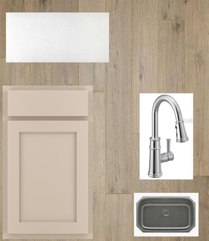 This is a digital design board showing kitchen finishes including cabinetry, flooring, a faucet, and sink — 332 VISTERA BOULEVARD, NOKOMIS, FL
