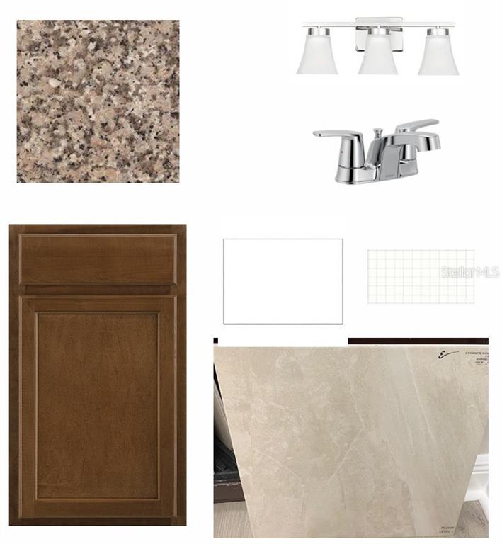 This image displays a material selection board featuring wood cabinetry, granite countertops, and tile flooring — 332 VISTERA BOULEVARD, NOKOMIS, FL