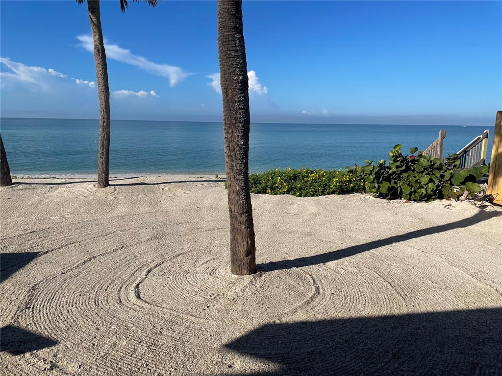 A sandy beach area features palm trees, raked patterns in the sand, and ocean views — 2709 CASEY KEY ROAD, NOKOMIS, FL