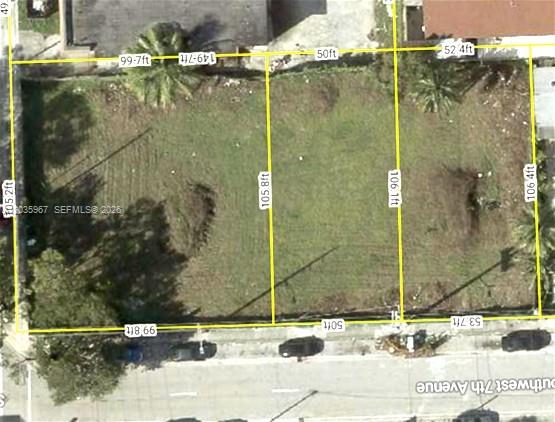 This aerial view shows a vacant rectangular lot with property dimensions marked in yellow — 240 SW 7TH AVE, Miami FL 33130, MIAMI, FL