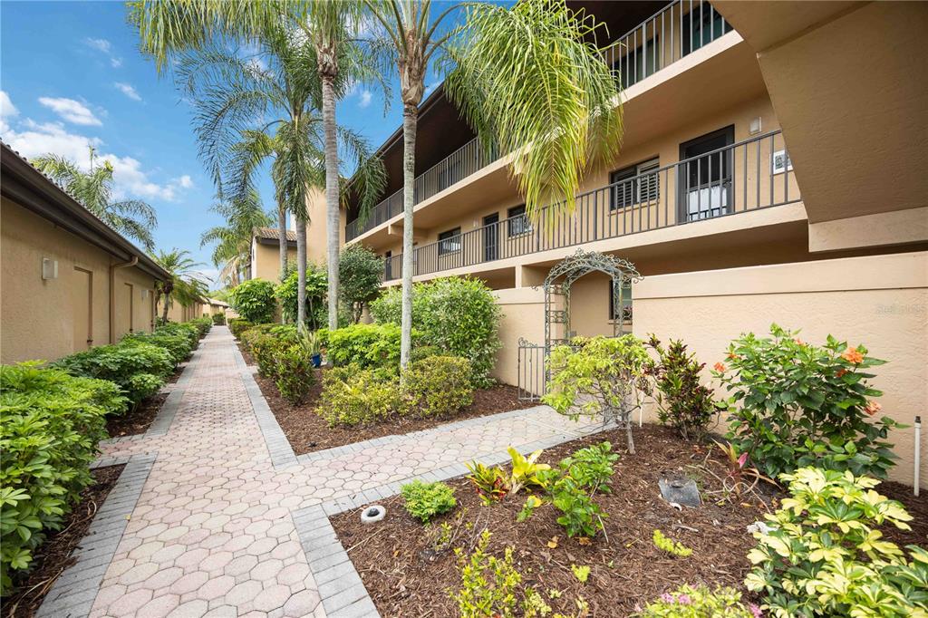 A paved walkway leads between a multi-story apartment building and lush landscaping with palm trees — 5627 ASHTON WAY UNIT 5627, SARASOTA, FL