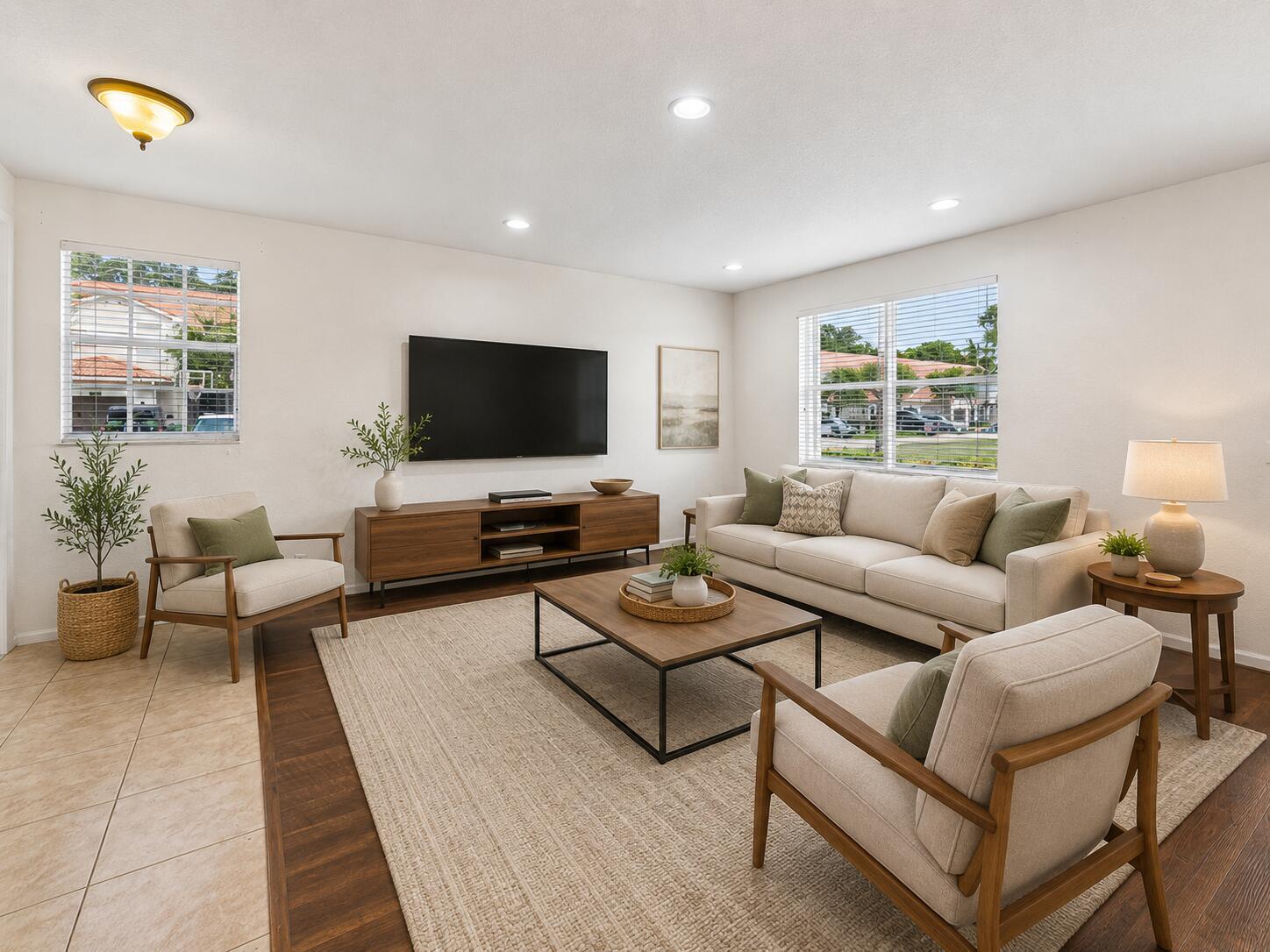 A living room features a sofa, two armchairs, a television, and a wooden coffee table — 16122 Poppy Seed Circle Unit 1401, Delray Beach FL 33484, DELRAY BEACH, FL