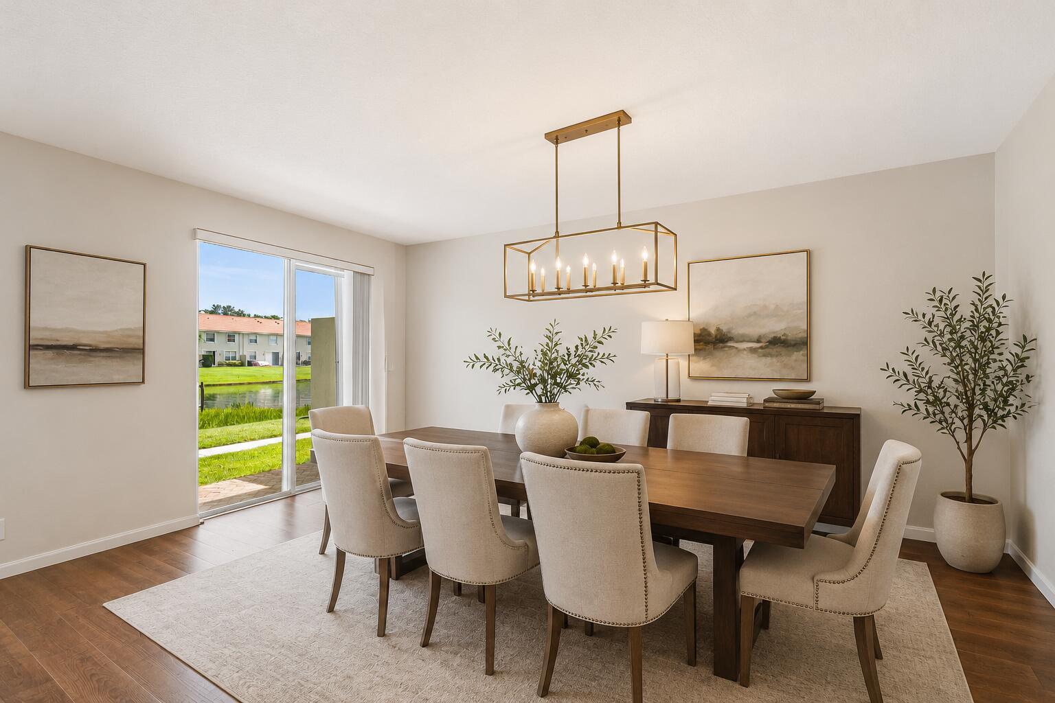 A dining room features a wooden table, upholstered chairs, a linear chandelier, and sliding glass doors — 16122 Poppy Seed Circle Unit 1401, Delray Beach FL 33484, DELRAY BEACH, FL