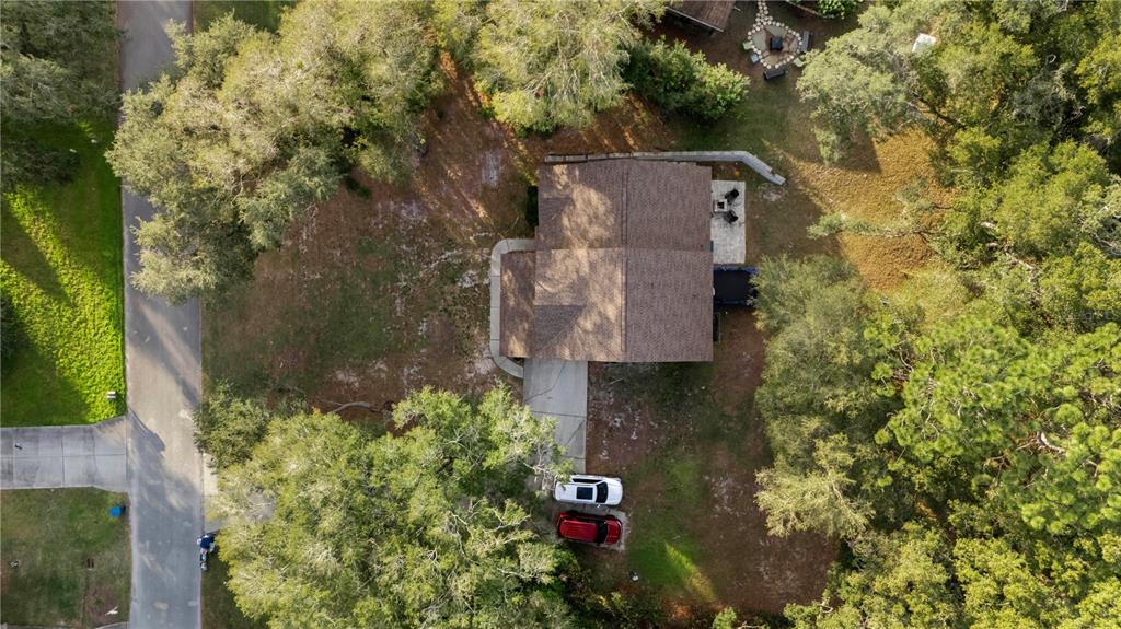 An aerial view shows a house with a brown roof, a driveway, and surrounding trees — 425 BLACK IRONWOOD DRIVE, DELAND, FL