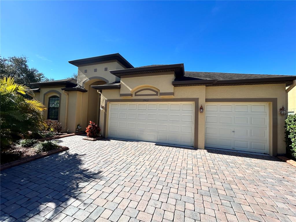 A single-story house with a three-car garage and a paved driveway under a clear sky — 19402 SWEET GRASS WAY, LUTZ, FL