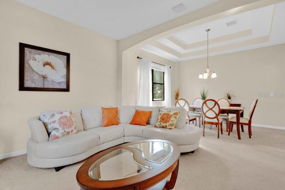 A living room with a white sectional sofa and a dining area with a chandelier — 19402 SWEET GRASS WAY, LUTZ, FL