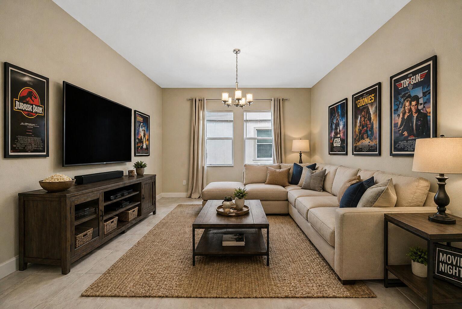 A living room features a large sectional sofa, a television, and framed movie posters — 1031 Ember Ridge Run, Loxahatchee FL 33470, LOXAHATCHEE, FL