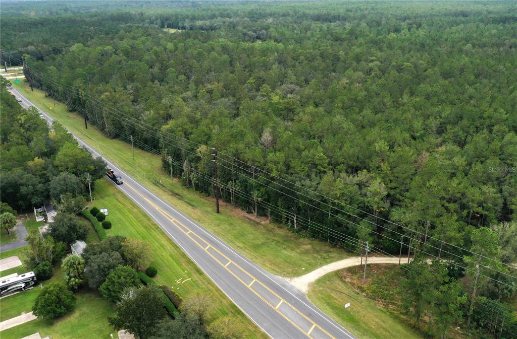 An aerial view shows a paved road running alongside a large, dense forest area — TBD E HIGHWAY 40, SILVER SPRINGS, FL