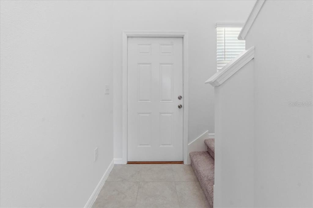 An entryway features a white door, tiled flooring, and carpeted stairs leading upward — 5224 WHITE CHICORY DRIVE, APOLLO BEACH, FL