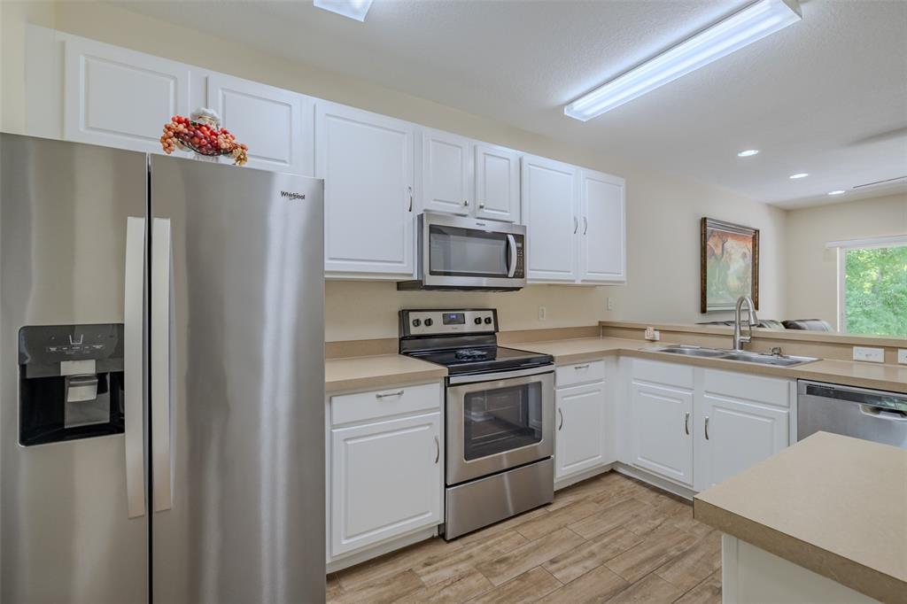 A kitchen with white cabinets, stainless steel appliances, and wood-look flooring — 15911 FISHHAWK VIEW DRIVE, LITHIA, FL