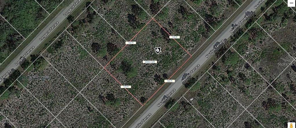An aerial map view shows a rectangular plot of land measuring 20,002 square feet — 1077 NAUTILUS TERRACE, PORT CHARLOTTE, FL