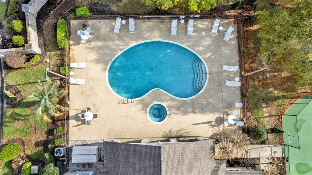An aerial view shows a kidney-shaped swimming pool and a circular hot tub on a patio — 6540 LAKE CLARK DRIVE, LAKELAND, FL