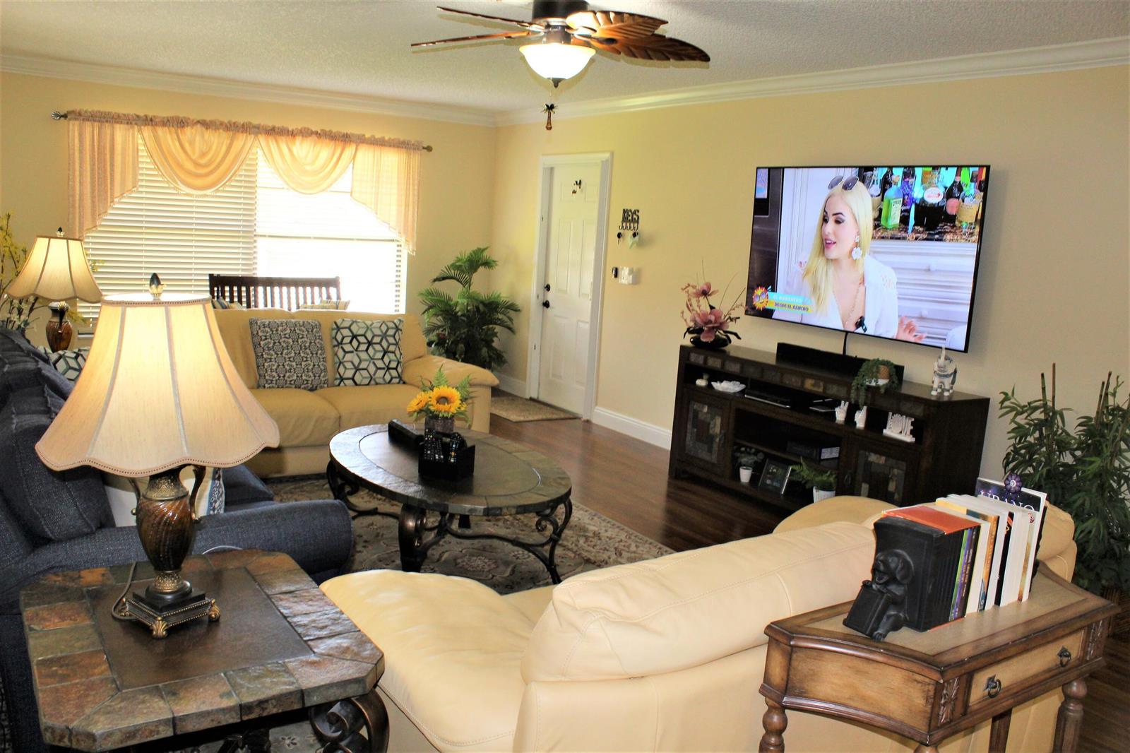 A living room features a television, two sofas, a coffee table, and a ceiling fan — 9940 Bauhinia Tree Way # B, Boynton Beach FL 33436, BOYNTON BEACH, FL