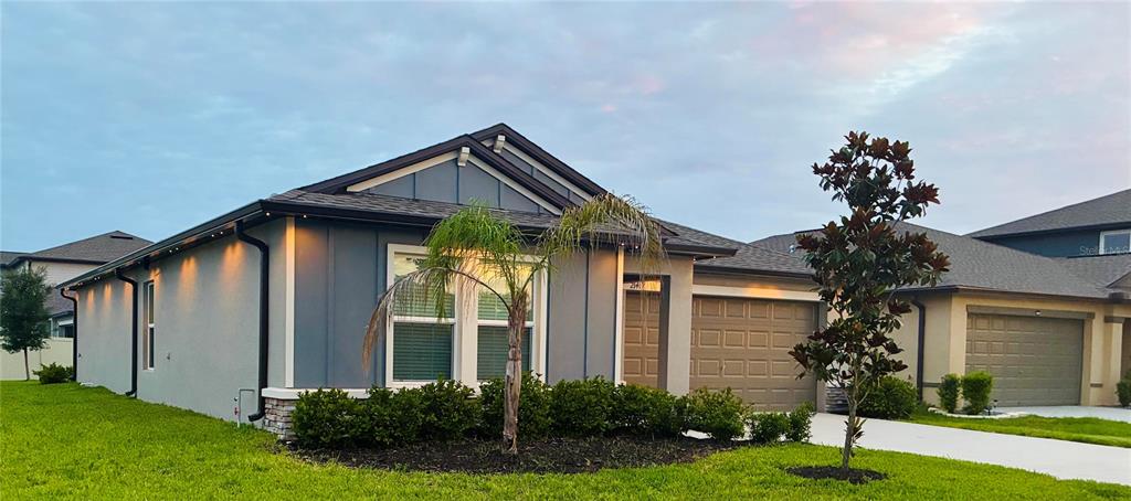 A gray single-story house with a palm tree and a manicured lawn in front — 2141 LANIER ROAD, ZEPHYRHILLS, FL