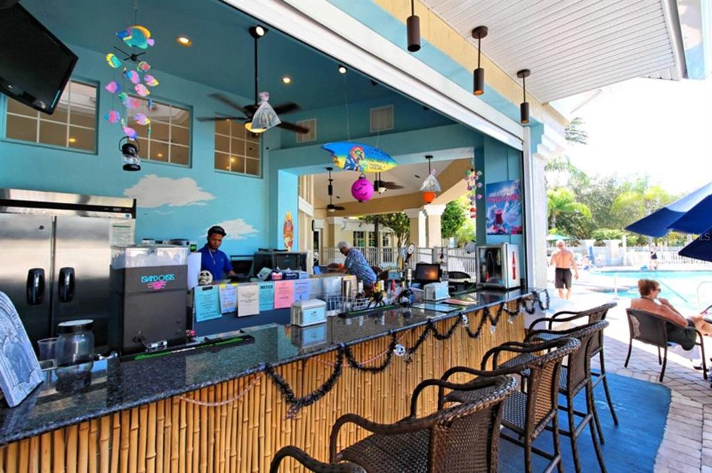 An outdoor tiki bar features a bamboo-fronted counter, granite top, and blue walls — 8100 PRINCESS PALM LANE UNIT 203, KISSIMMEE, FL