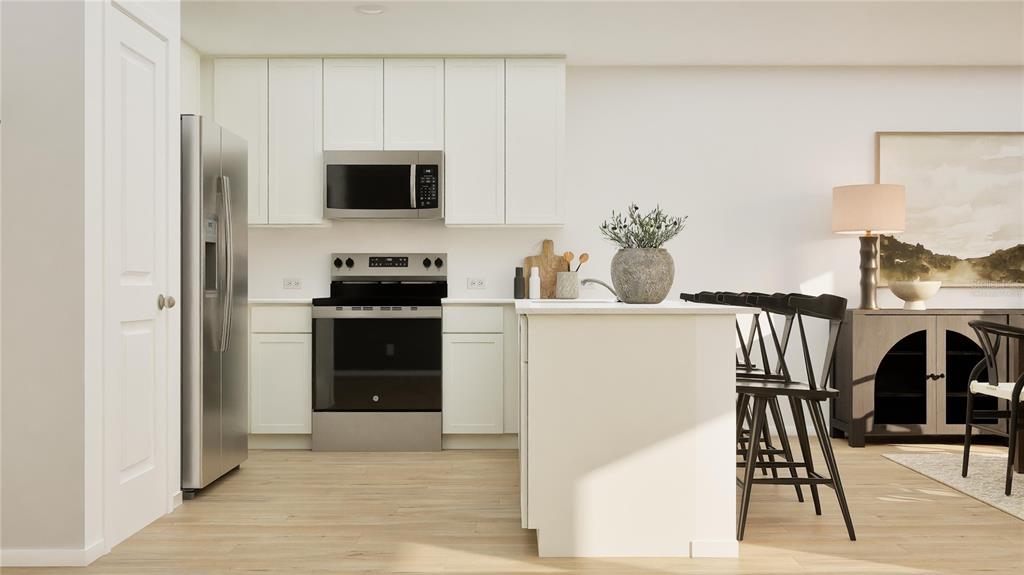 This is a digital rendering of a modern kitchen with white cabinets and stainless appliances — 3881 AMERS LOOP, HAINES CITY, FL