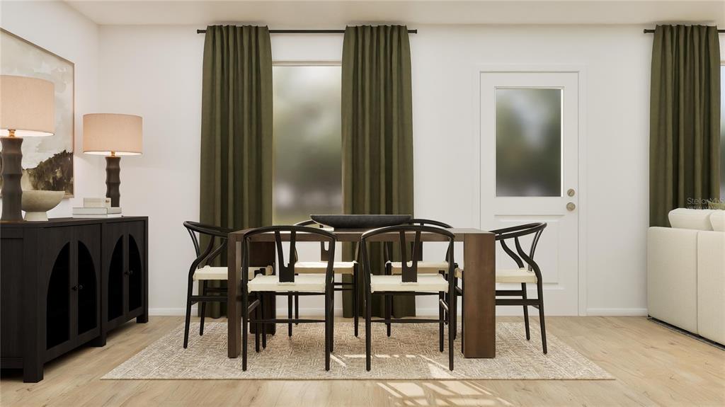 This is a digital rendering of a dining room featuring a dark wood table and chairs — 3881 AMERS LOOP, HAINES CITY, FL