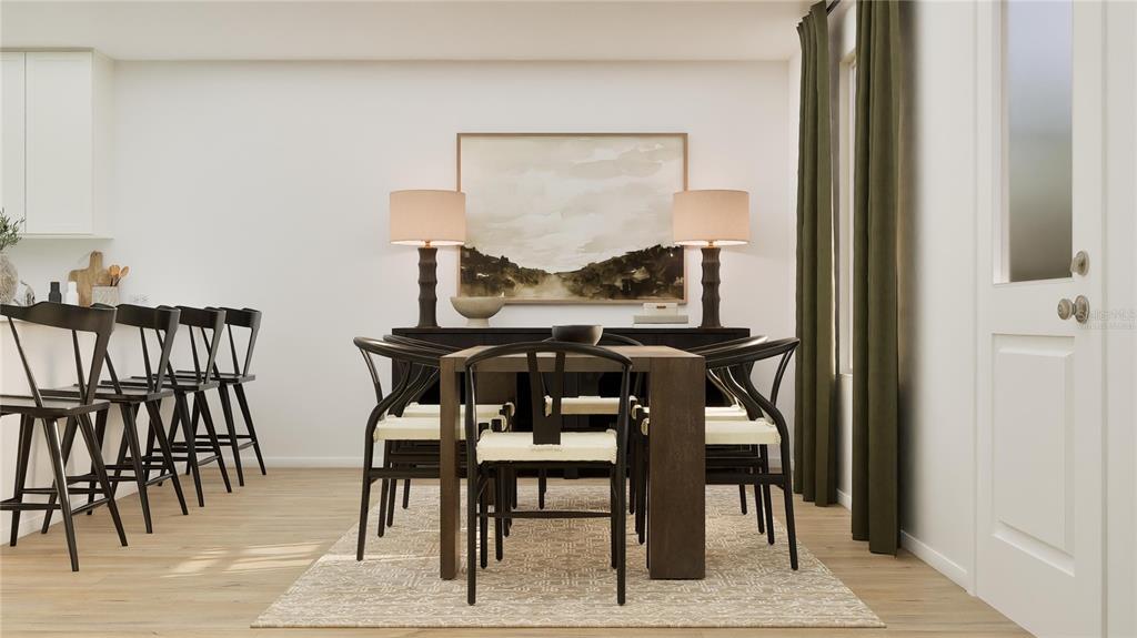 This is a digital rendering of a dining room featuring a dark wood table and chairs — 3881 AMERS LOOP, HAINES CITY, FL