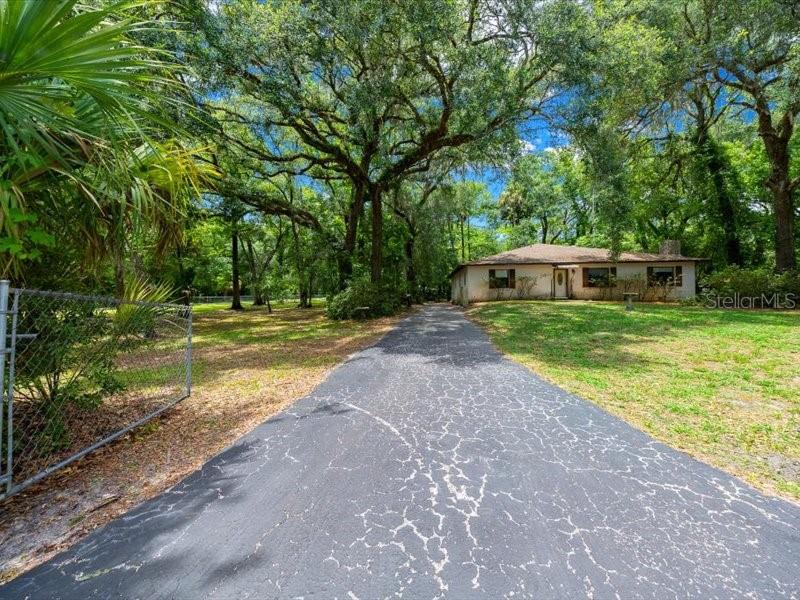 A long, cracked asphalt driveway leads to a single-story house surrounded by large oak trees — 495 & 499 N ROBIN HOOD ROAD, INVERNESS, FL