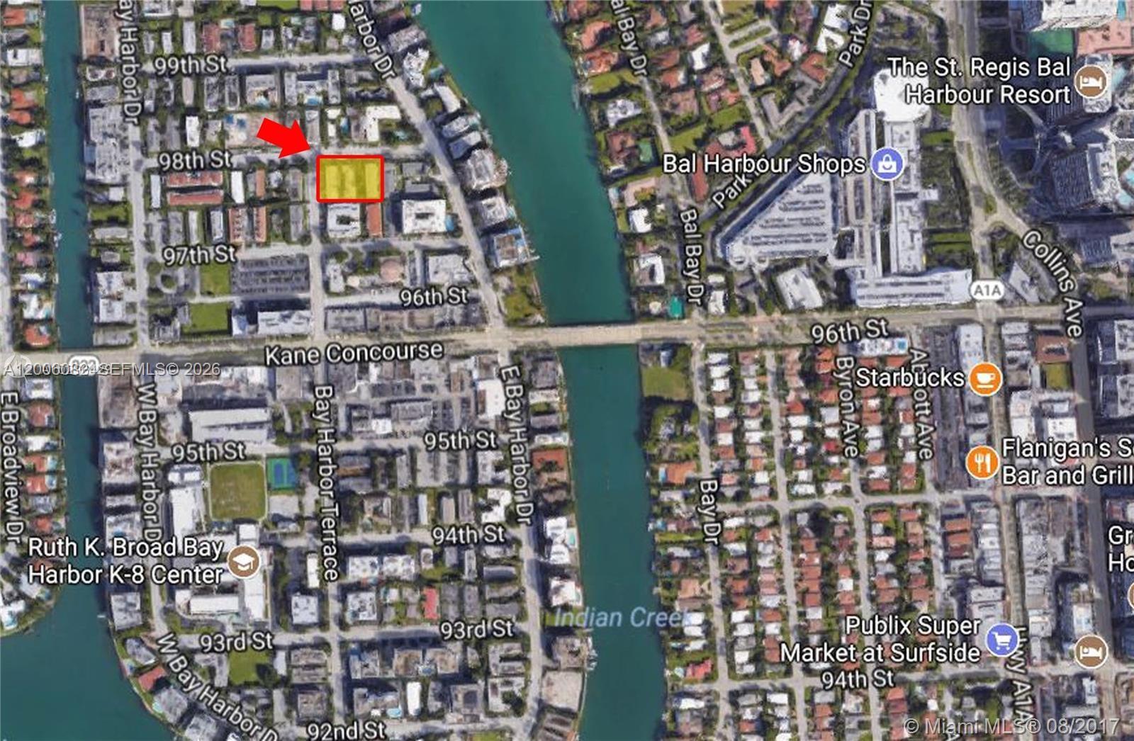An aerial map view showing a highlighted property lot in a residential neighborhood — 1060 98 St, Bay Harbor Islands FL 33154, BAY HARBOR ISLANDS, FL