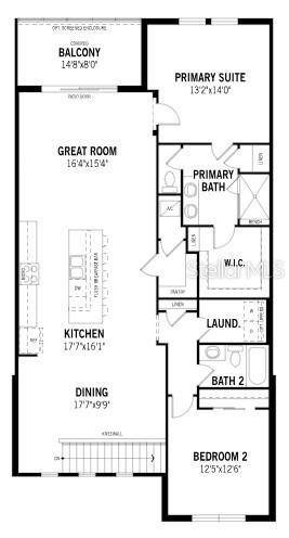 This is a floor plan for a two-bedroom residential unit with a balcony and open-concept living — 17420 MOONFLOWER DRIVE UNIT 202, VENICE, FL