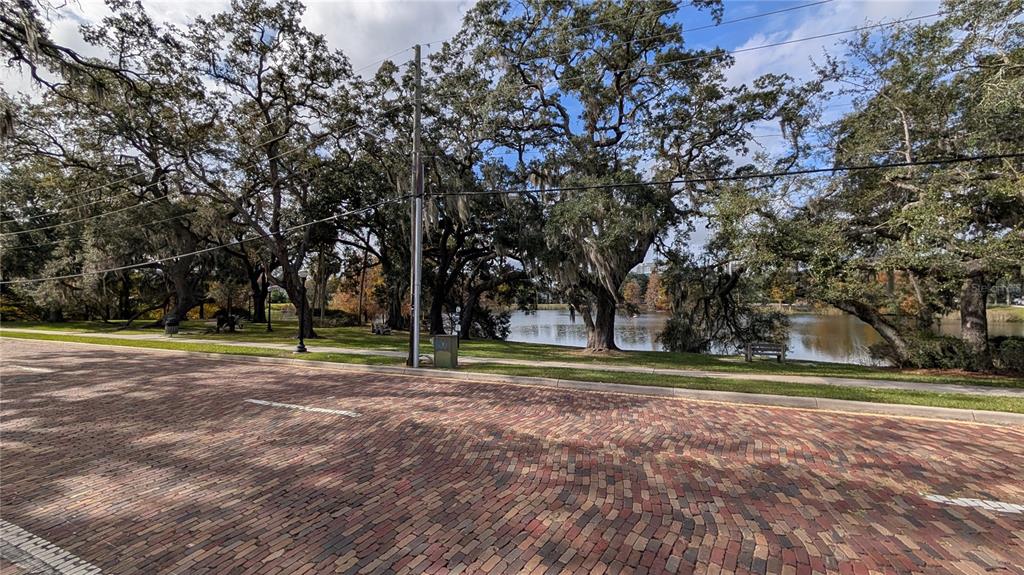 A brick street runs alongside a grassy park with large trees and a lake — 109 S BROWN AVENUE, ORLANDO, FL