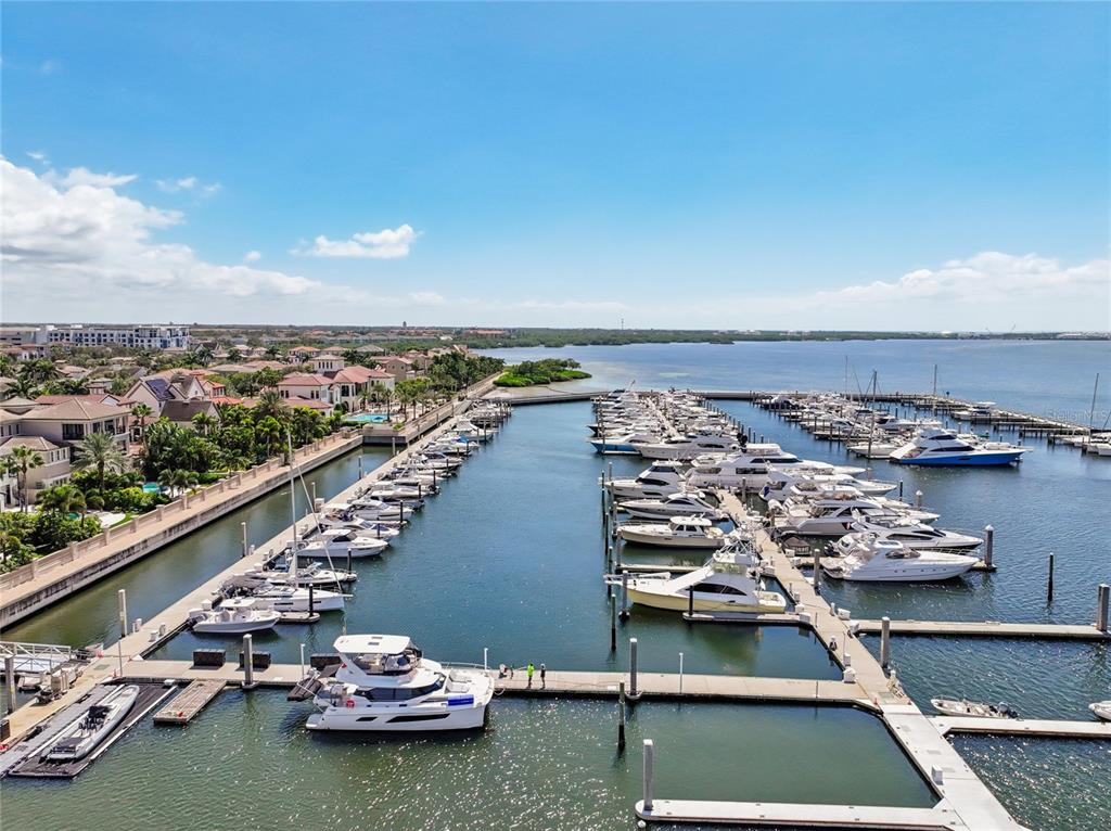 An aerial view shows a marina filled with boats docked along piers near coastal homes — 5823 BOWEN DANIEL DRIVE UNIT 902, TAMPA, FL
