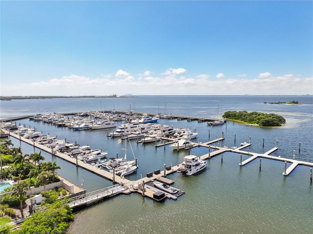 An aerial view shows a marina filled with numerous boats docked at wooden piers — 5823 BOWEN DANIEL DRIVE UNIT 902, TAMPA, FL