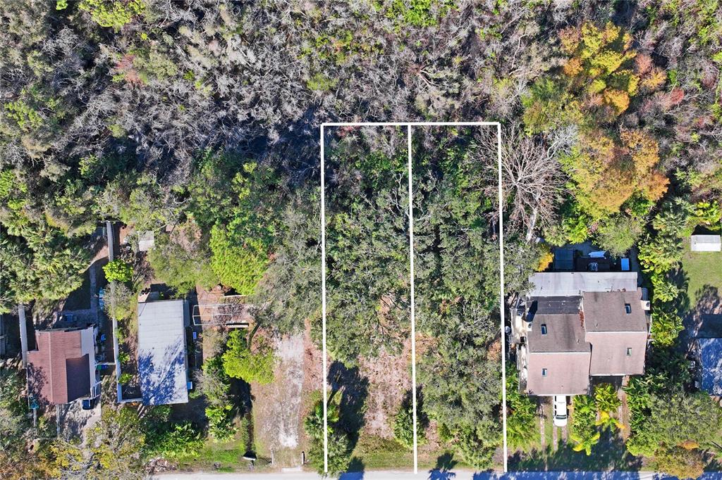 An aerial view shows two adjacent, wooded vacant lots situated between two existing residential properties — 174 AVERY AVENUE UNIT 21 & 1, CRYSTAL BEACH, FL