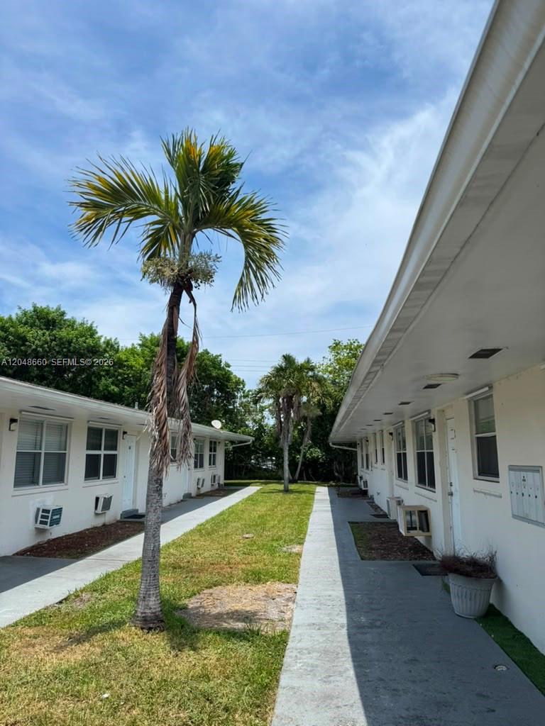 An exterior view of a walkway between two single-story apartment buildings with palm trees — 16001 NE 18th Pl # 3, North Miami Beach FL 33162, NORTH MIAMI BEACH, FL
