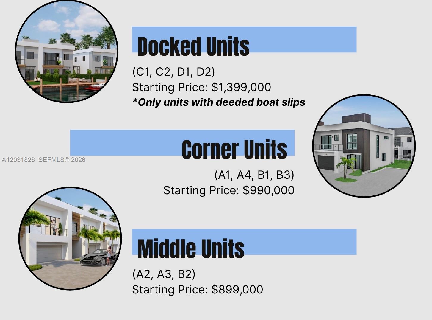 This rendering shows three types of residential units with their respective starting prices — 4656 SW 32nd Ave # B1, Dania Beach FL 33312, DANIA BEACH, FL