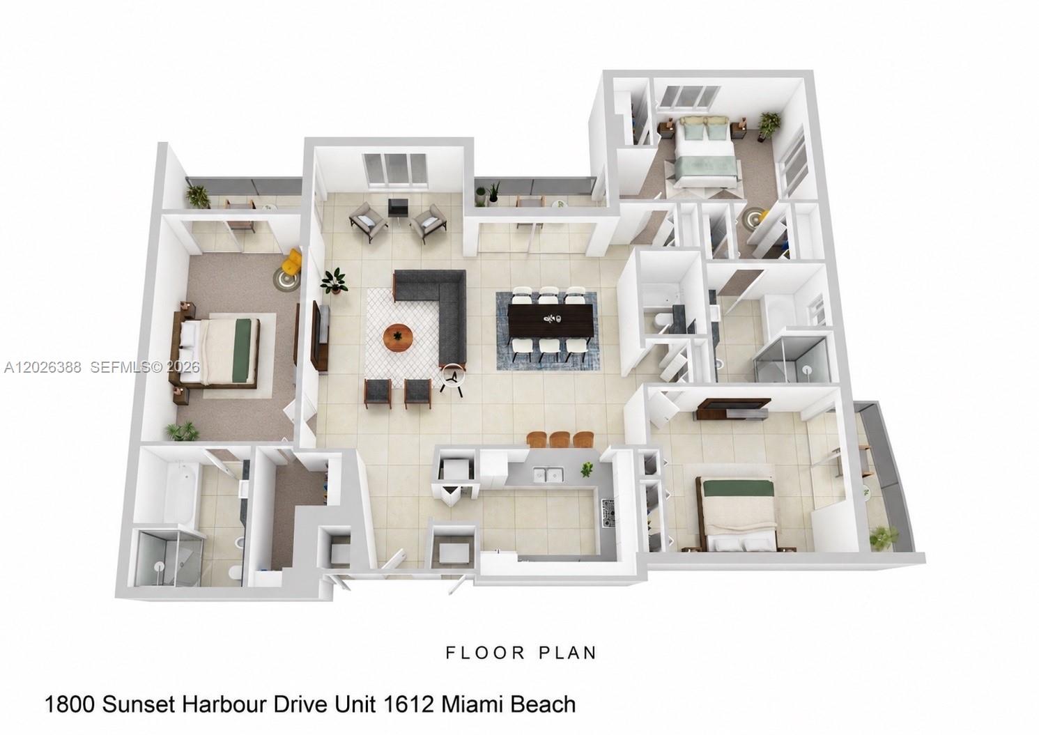 This is a 3D floor plan rendering of a three-bedroom apartment with an open layout — 1800 Sunset Harbour # 1612, Miami Beach FL 33139, MIAMI BEACH, FL