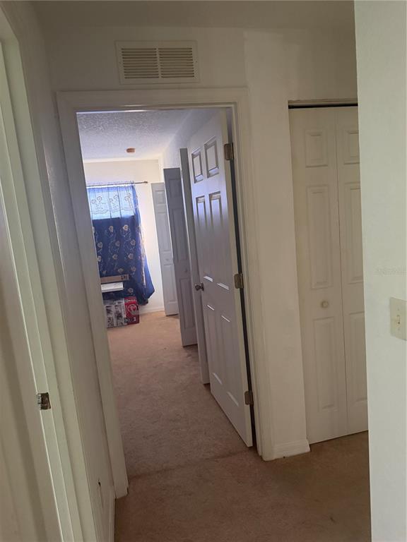 A hallway with beige carpet leads to a bedroom doorway and a closet door — 2135 SW 156TH PLACE, OCALA, FL