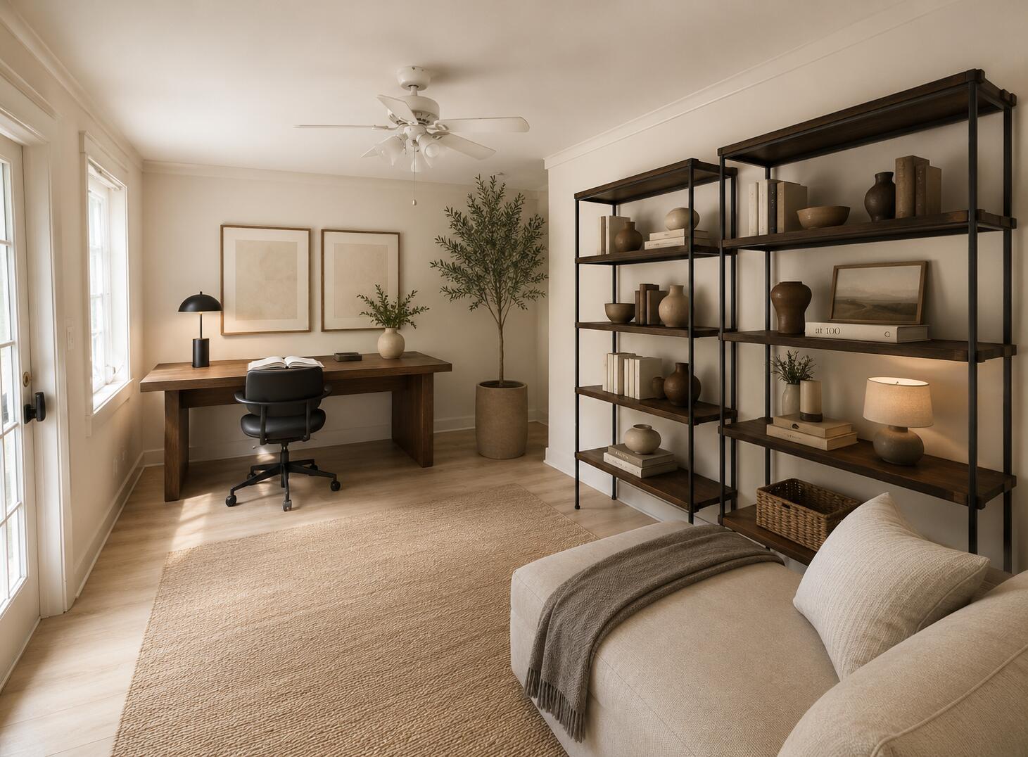 A home office features a wooden desk, two tall metal bookshelves, and a beige sofa — 1124 18th Avenue N # 1, FL 33460, FL