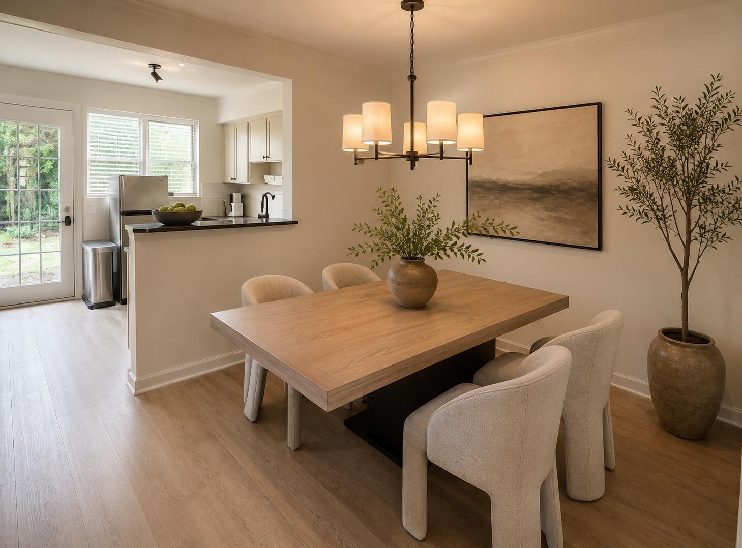 A dining room with a wooden table, upholstered chairs, a chandelier, and an adjacent kitchen — 1124 18th Avenue N # 1, FL 33460, FL