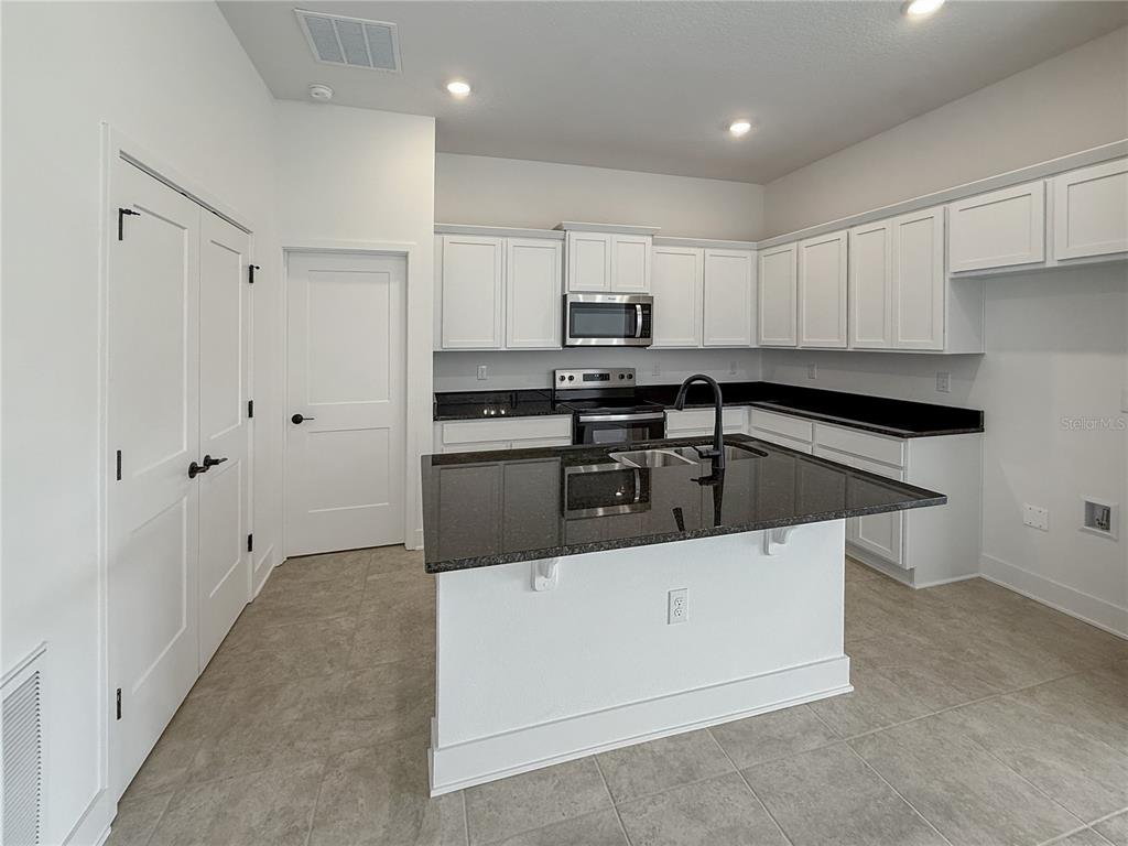 A kitchen features white cabinets, black countertops, a central island, and stainless steel appliances — 270 VERNY GROVE LANE, LEESBURG, FL