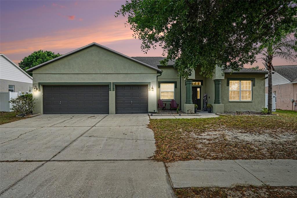 A single-story house with a three-car garage, green stucco exterior, and a large front tree — 9637 WYDELLA STREET STREET, RIVERVIEW, FL