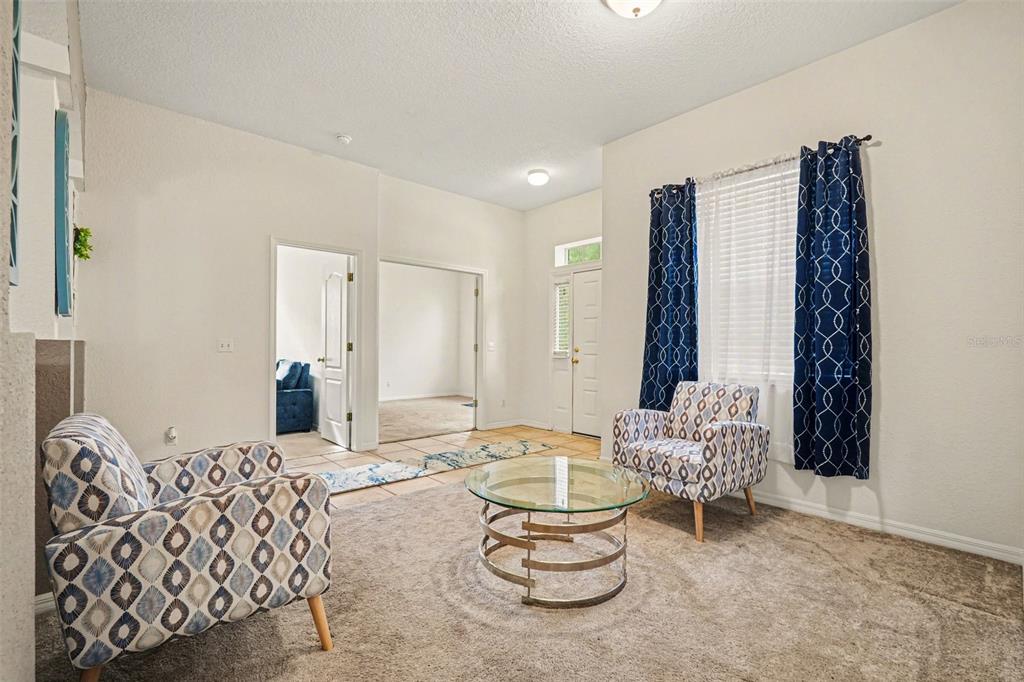 A living room features two patterned armchairs, a glass coffee table, and carpeted flooring — 9637 WYDELLA STREET STREET, RIVERVIEW, FL