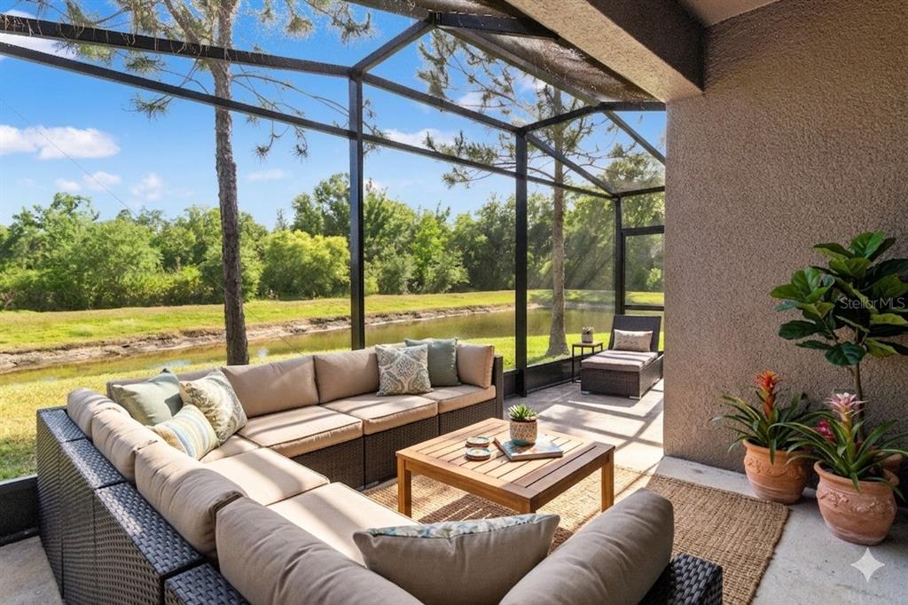 A screened-in patio features wicker sectional seating, a wooden coffee table, and a water view — 3281 GENTLE DELL, WESLEY CHAPEL, FL