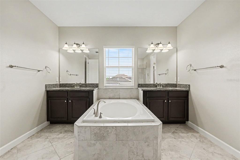 A bathroom features dual dark wood vanities, granite countertops, and a central tiled soaking tub — 11701 NAVAJO SANDSTONE STREET, RIVERVIEW, FL