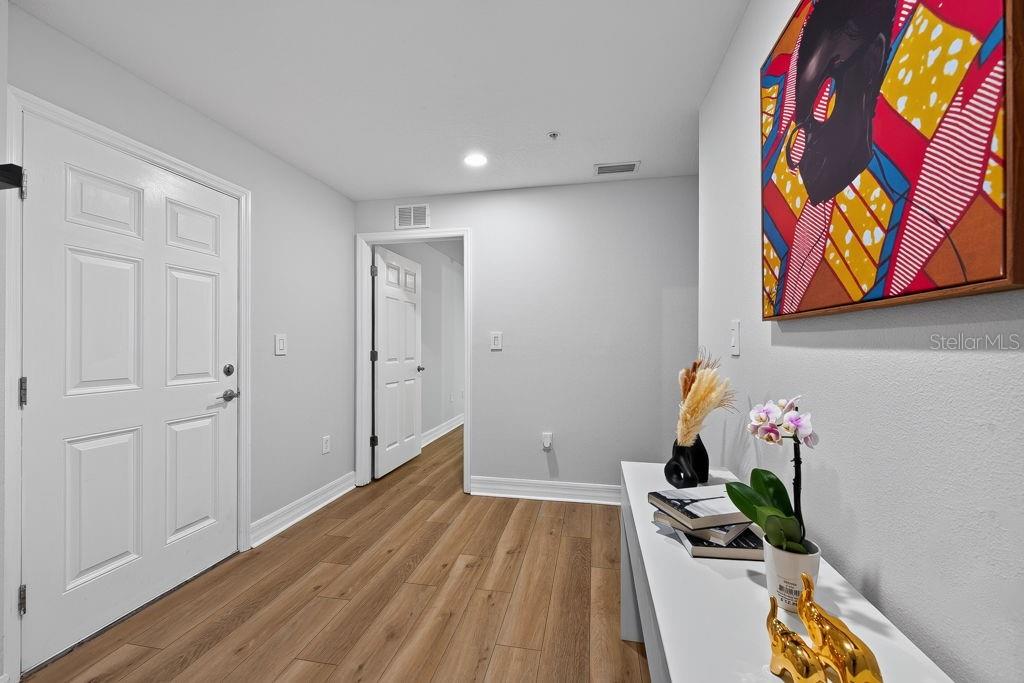 An entryway features light wood-look flooring, white walls, a white door, and a colorful painting — 4546 BAY SPRING COURT, TAMPA, FL