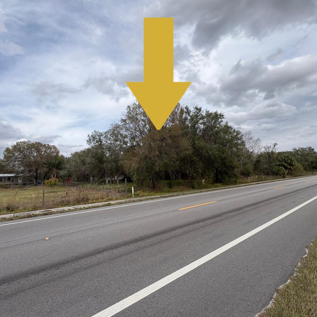 A yellow arrow points toward a dense cluster of trees along the side of a road — 0 NW 1st Street, Okeechobee FL 34972, OKEECHOBEE, FL